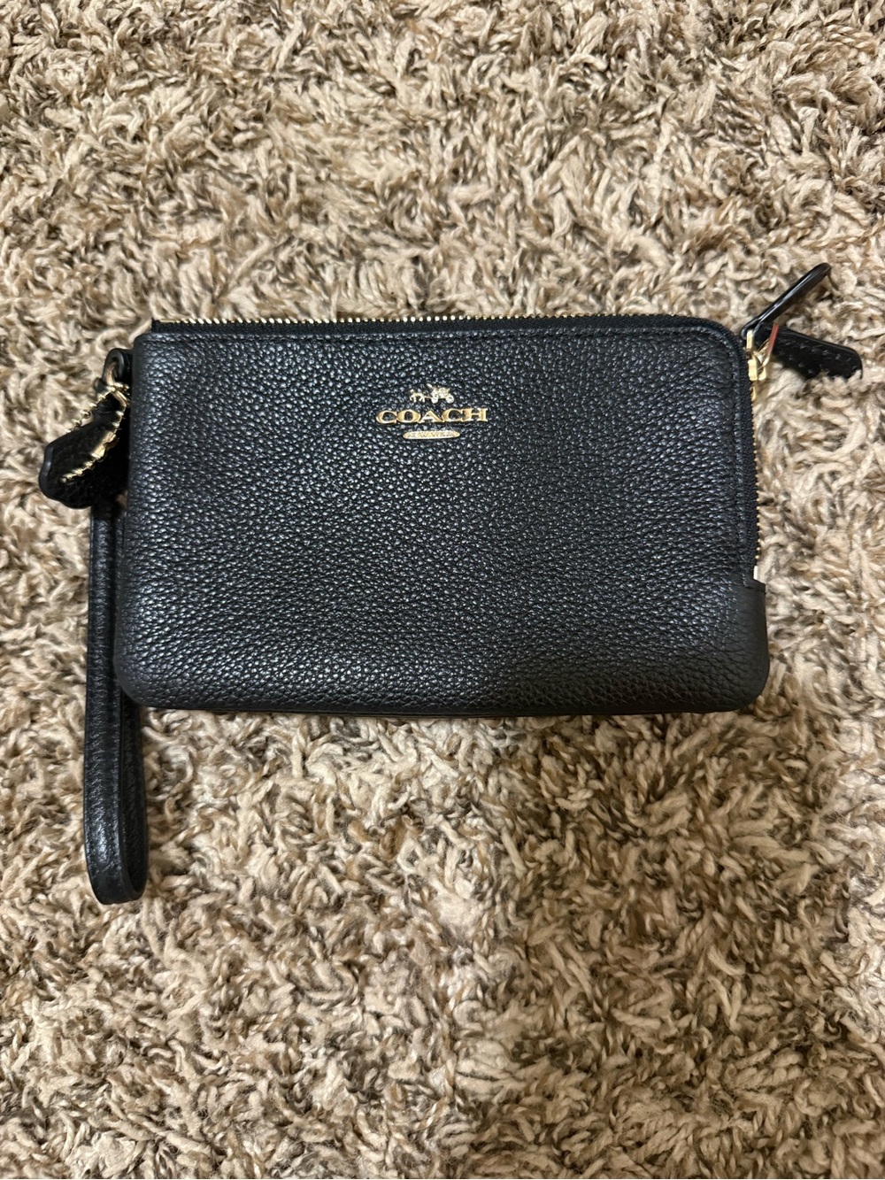Coach Black Pebbled Leather Zip Wristlet with Gold Logo
